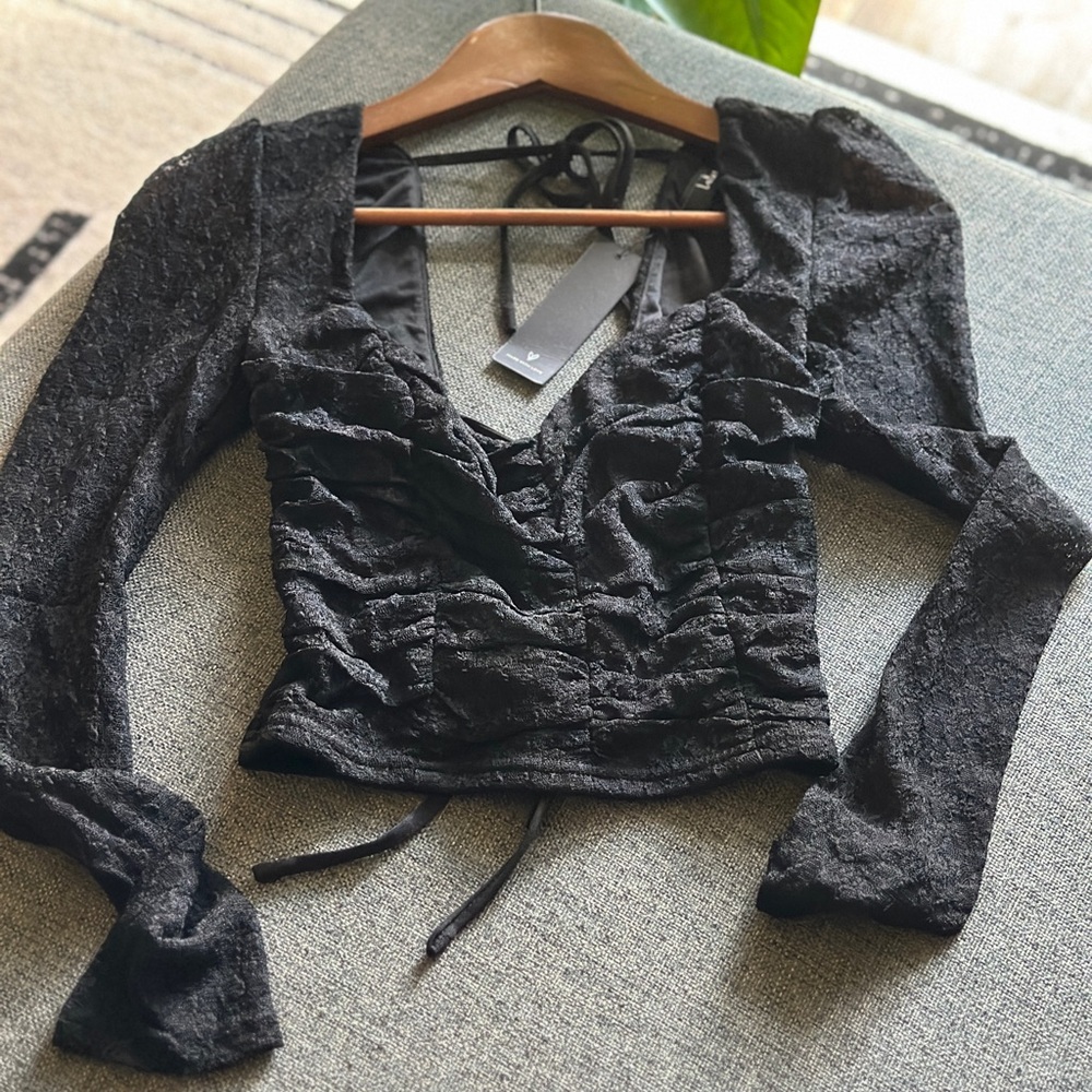 Lulu's Black Lace Ruched Blouse